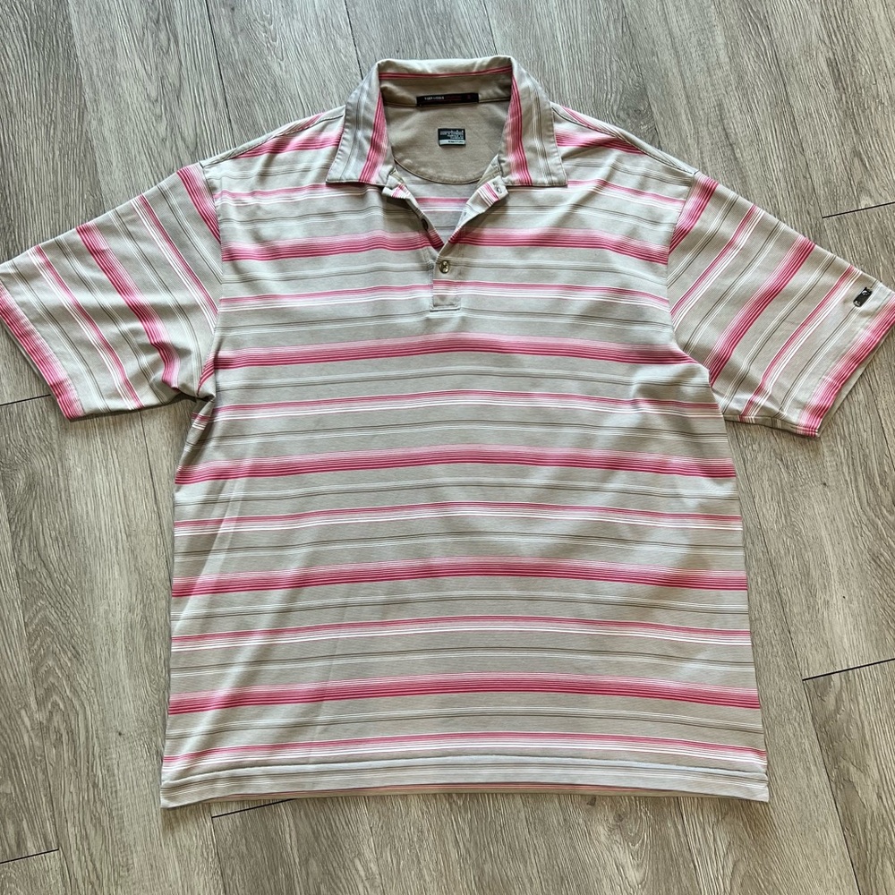 Nike Tiger Woods Collection Mens Large Red Tan Striped Fit Dry Golf Polo Shirt